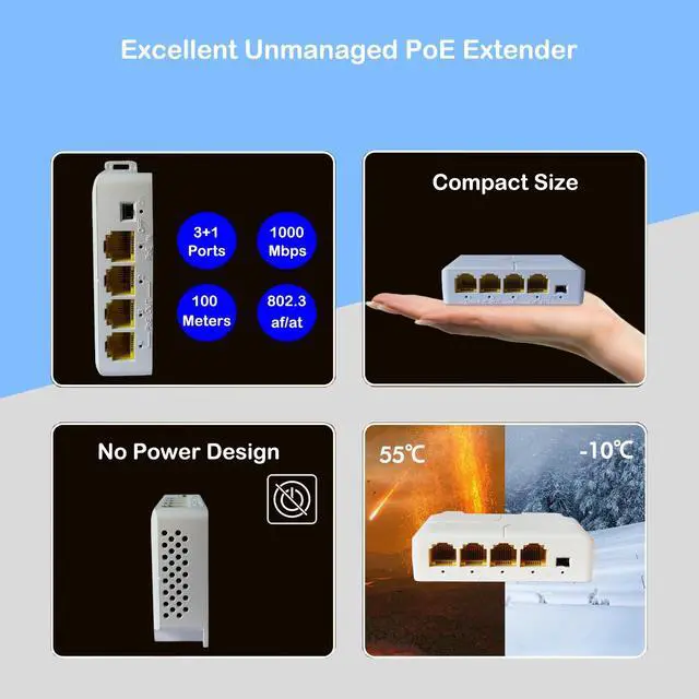 Alt view image 4 of 5 - 4 Port Gigabit Outdoor PoE Extender, Waterproof Direct Burial PoE Extender,1 PoE in 3 PoE Out Extender,PoE Amplifier,din-Rail & Wall Mount, 1 Port 10/100/1000Mbps with IEEE802.3af/at.