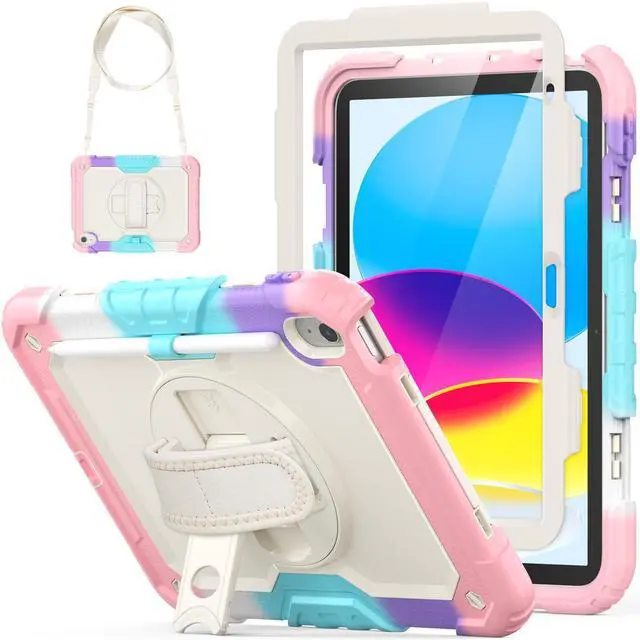 Main image of HXCASEAC Case for iPad (A16) 11th/10th Generation 2025/2022, with Pencil Holder, Screen Protector, Hand Strap, Durable Shockproof for Kids iPad 11 Case 10.9 11'' A2696/A3354/A3355, Rainbow Pink