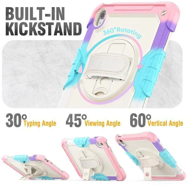 Alt view image 4 of 5 - HXCASEAC Case for iPad (A16) 11th/10th Generation 2025/2022, with Pencil Holder, Screen Protector, Hand Strap, Durable Shockproof for Kids iPad 11 Case 10.9 11'' A2696/A3354/A3355, Rainbow Pink