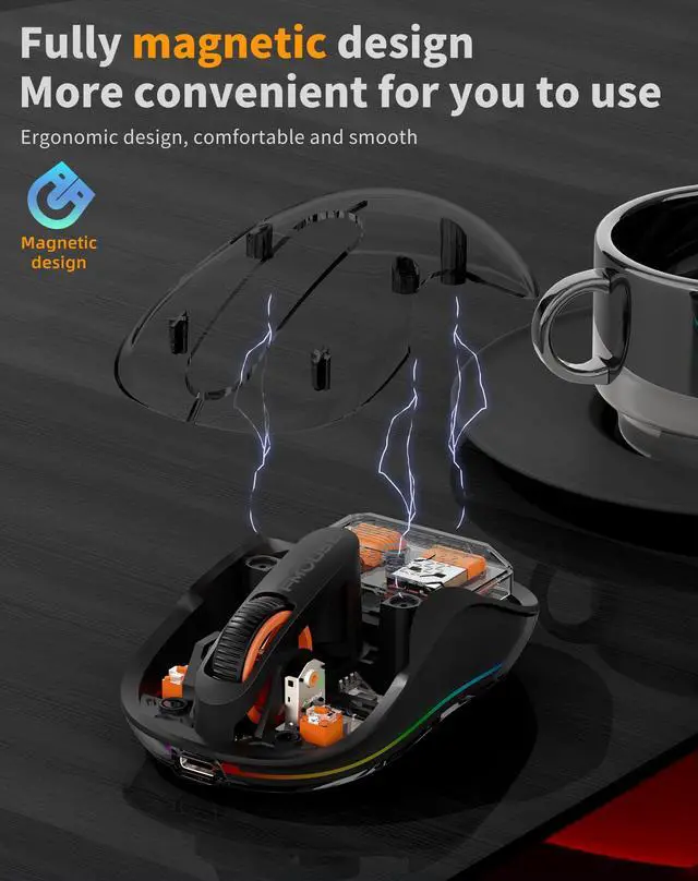 Alt view image 3 of 5 - Bluetooth Wireless Mouse, Transparent RGB Tri-Modes Mouse,Bluetooth & 2.4GHz for Multi Device, USB-C Receiver Ideal for MacBook/Laptops, Rechargeable, Silent, Portable, Cool LED, Ergonomic - Black