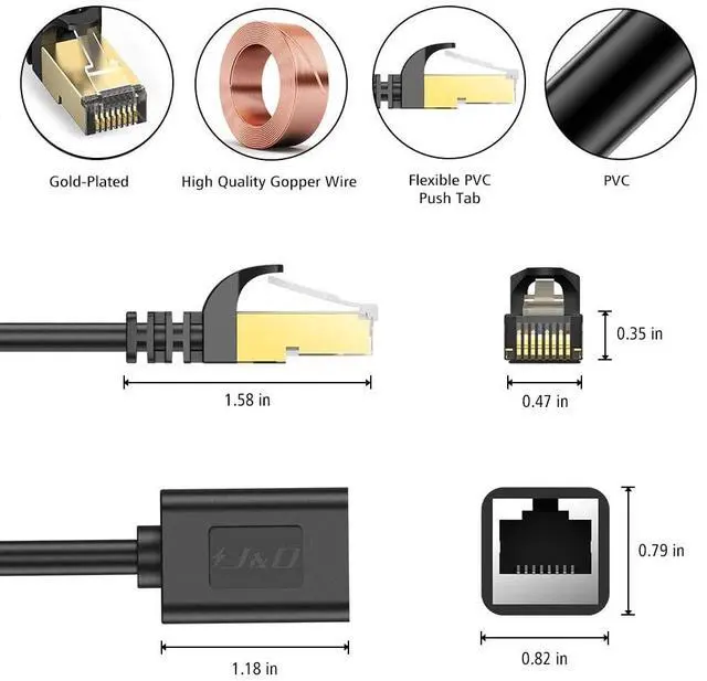 Alt view image 2 of 5 - J&D Cat6 Ethernet Cable 9 feet (5-Pack), Gold Plated RJ45, 10Gbps for Gaming/Streaming/Networking, Outdoor and Indoor