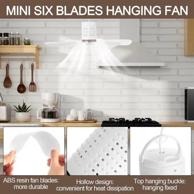 Alt view image 3 of 5 - Kittmip 2 Set Small Portable USB Powered Ceiling Fan Mini Silent Six Blades Quiet Camping Hanging Fan with Speed Switch, USB for Camping Bedroom Office Living Room Tent Canopy (1.5m)
