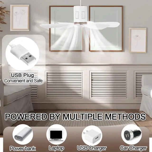 Alt view image 4 of 5 - Kittmip 2 Set Small Portable USB Powered Ceiling Fan Mini Silent Six Blades Quiet Camping Hanging Fan with Speed Switch, USB for Camping Bedroom Office Living Room Tent Canopy (1.5m)