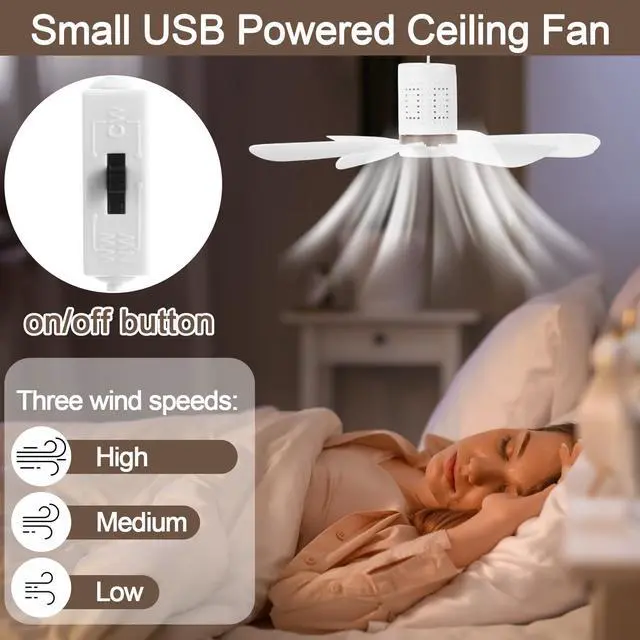 Alt view image 5 of 5 - Kittmip 2 Set Small Portable USB Powered Ceiling Fan Mini Silent Six Blades Quiet Camping Hanging Fan with Speed Switch, USB for Camping Bedroom Office Living Room Tent Canopy (1.5m)