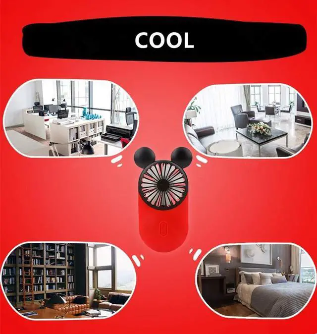 Alt view image 4 of 5 - Kbinter Cute Personal Mini Fan, Handheld & Portable USB Rechargeable Fan with Beautiful LED Light, 3 Adjustable Speeds, Portable Holder, for Indoor Outdoor Activities, Cute Mouse 2 Pack (Red+Pink)