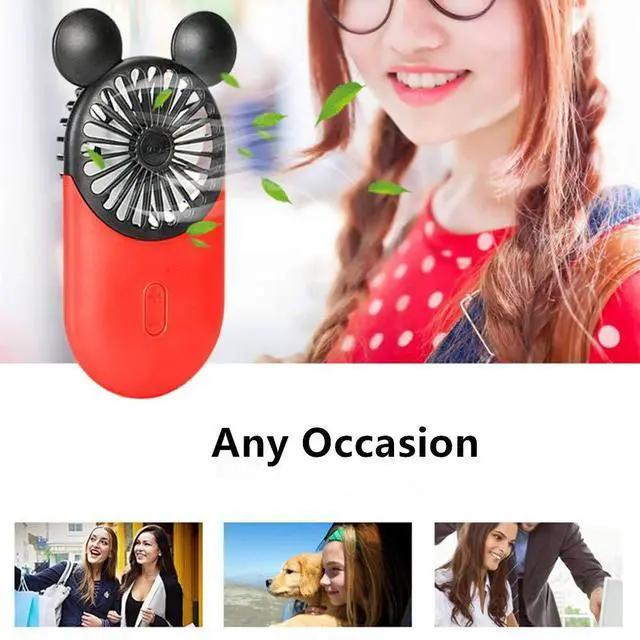 Alt view image 5 of 5 - Kbinter Cute Personal Mini Fan, Handheld & Portable USB Rechargeable Fan with Beautiful LED Light, 3 Adjustable Speeds, Portable Holder, for Indoor Outdoor Activities, Cute Mouse 2 Pack (Red+Pink)