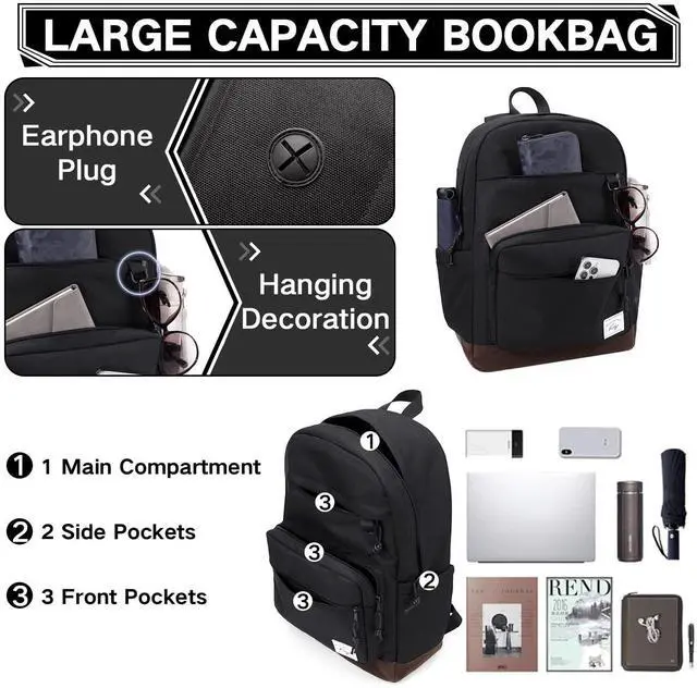 Alt view image 5 of 5 - Kasqo Backpack for Men, Vintage School Backpack Bookbag for College Unisex Laptop Backpack Daypack for Work/Travel Black