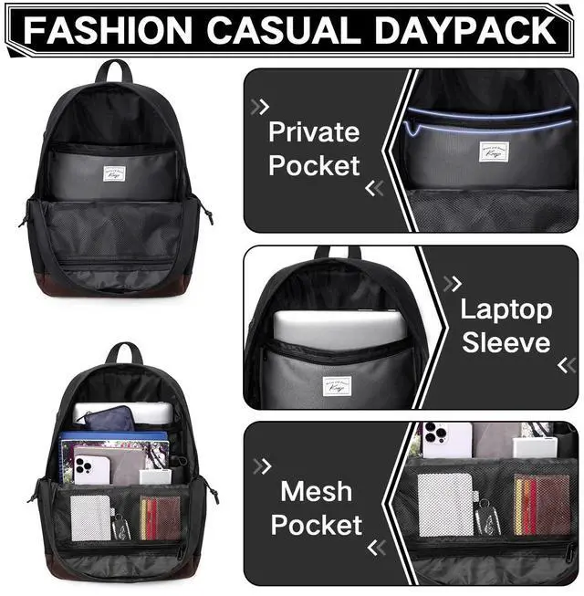 Alt view image 4 of 5 - Kasqo Backpack for Men, Vintage School Backpack Bookbag for College Unisex Laptop Backpack Daypack for Work/Travel Black