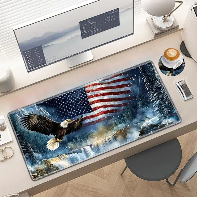 Alt view image 2 of 5 - KUJKBFWJ Large Gaming Mouse Pad with Cup Coaster Set, XXL Mousepad Large Desk Pad with Non-Slip Base, Extended Mousemat with Stitched Edges, 35.4 x 15.7 in, Flag and Eagle