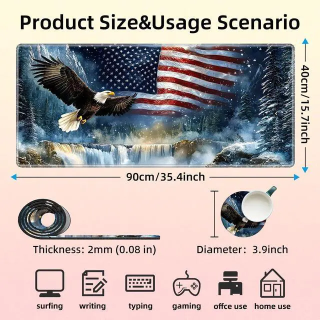 Alt view image 5 of 5 - KUJKBFWJ Large Gaming Mouse Pad with Cup Coaster Set, XXL Mousepad Large Desk Pad with Non-Slip Base, Extended Mousemat with Stitched Edges, 35.4 x 15.7 in, Flag and Eagle