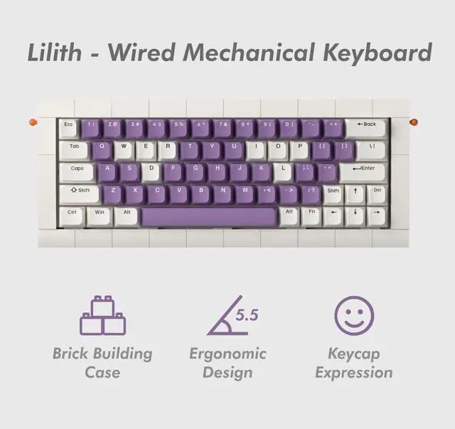 Alt view image 2 of 5 - KBDcraft 02Lilith 60% 5.5deg Ergonomic Keyboard with OEM Keycaps, Lego-Compatible Case, Gasket Mount, Wired, RGB, Hot-Swappable, Linear Switch, QMK, Vial for Win/Mac, Full Kit, White (Lilith 60%)