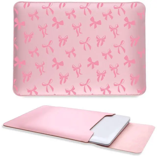 Main image of Cute Kawaii Pink Bow Laptop Sleeves 16 Inch, Pink Faux Leather Cover Case for Women Girls, Compatible with MacBook Pro 16" 2019-2024/MacBook Pro 15"/MacBook Air 15"