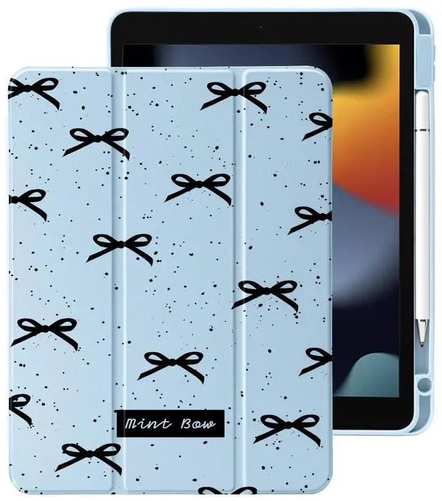 Main image of Cute Black Bow for iPad (A16) 11th Generation Case 11 Inch 2025, for iPad 10th Generation Case 10.9 Inch 2022 with Pencil Holder, Auto Sleep/Wake, Blue Leather Clear Acrylic Back Cover