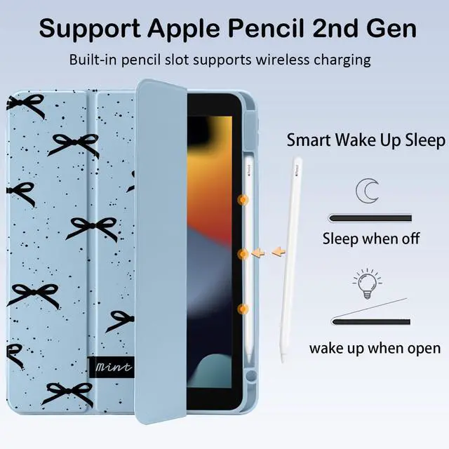 Alt view image 3 of 5 - Cute Black Bow for iPad (A16) 11th Generation Case 11 Inch 2025, for iPad 10th Generation Case 10.9 Inch 2022 with Pencil Holder, Auto Sleep/Wake, Blue Leather Clear Acrylic Back Cover