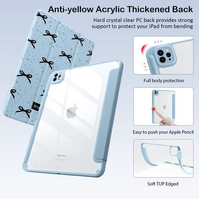 Alt view image 4 of 5 - Cute Black Bow for iPad (A16) 11th Generation Case 11 Inch 2025, for iPad 10th Generation Case 10.9 Inch 2022 with Pencil Holder, Auto Sleep/Wake, Blue Leather Clear Acrylic Back Cover