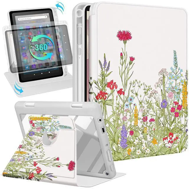 Main image of Kidcube for Kindle Fire HD 8/8 Plus Tablet Case - 10th/12th Generation (2020/2022) 8" Women Girls Folio Cover with Pencil Holder Cute Flowers Design Rotating Stand Cases for  Fire HD 8/8 Plus