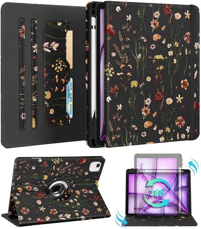 Main image of Kidcube for iPad Air 13 Inch Case M3 2025/M2 2024/for iPad Pro 12.9 Cases 6th/5th (2022/2021) - Women Girls Cute Rotating Stand Folio Cover with Pencil Holder & Card Slot Flowers Floral Unique Cover
