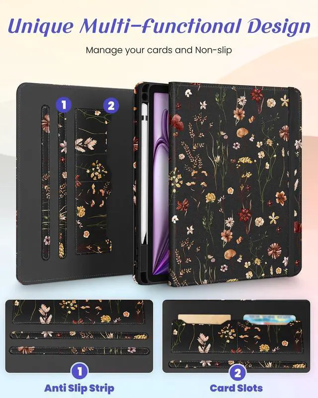 Alt view image 3 of 5 - Kidcube for iPad Air 13 Inch Case M3 2025/M2 2024/for iPad Pro 12.9 Cases 6th/5th (2022/2021) - Women Girls Cute Rotating Stand Folio Cover with Pencil Holder & Card Slot Flowers Floral Unique Cover