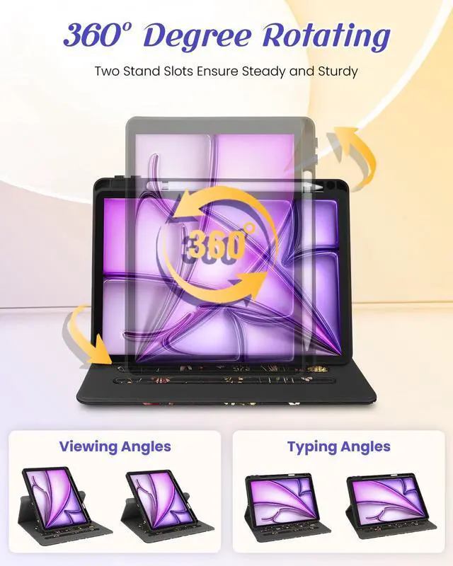 Alt view image 5 of 5 - Kidcube for iPad Air 13 Inch Case M3 2025/M2 2024/for iPad Pro 12.9 Cases 6th/5th (2022/2021) - Women Girls Cute Rotating Stand Folio Cover with Pencil Holder & Card Slot Flowers Floral Unique Cover