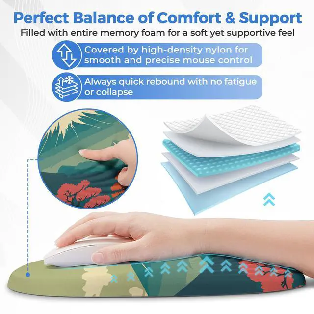 Alt view image 3 of 5 - ORIENWEEDA Ergonomic Mouse Pad with Wrist Support, Anime Comfortable Entire Memory Foam, Wrist Pain Relief and Anti-Slip PU Base, Mousepad for Various Computers, Laptop PC (12x8x1.2inch, Fujisan)