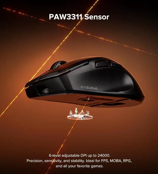 Alt view image 2 of 5 - KYSONA Wireless Gaming Mouse, 24000 DPI, 1K Polling Rate, Tri-Mode 2.4GHz/USB-C/Bluetooth Ergonomic Mouse, Web-Driven, 120 Hours Battery Life, Rechargeable Gaming Mice for PC/Mac/Tablet/Xbox, Black