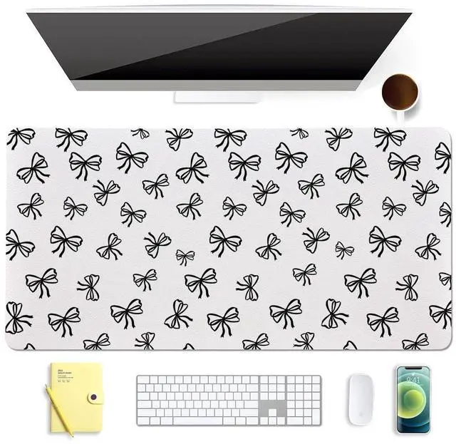 Main image of BlHMCASE Cute Black Bow White Extended Gaming Keyboard Mouse Pad, Non-Slip Leather Home Office Desk Mat Protector, Laptop Desk Pad Writing Pad