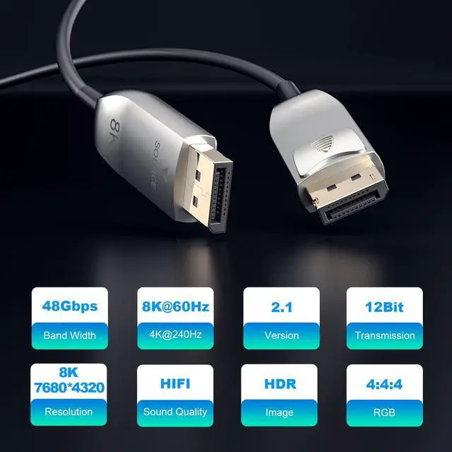Alt view image 2 of 5 - LAN-SAINTKAY 4K 8K Fiber Optic DisplayPort Cable 2.1 with Lock, 54Gbps High Speed Long Active Optic DP Cable 2.1, 8K@60Hz 4K@240Hz, DP to DP Male for Personal Computer Connection (25ft/7.5m)
