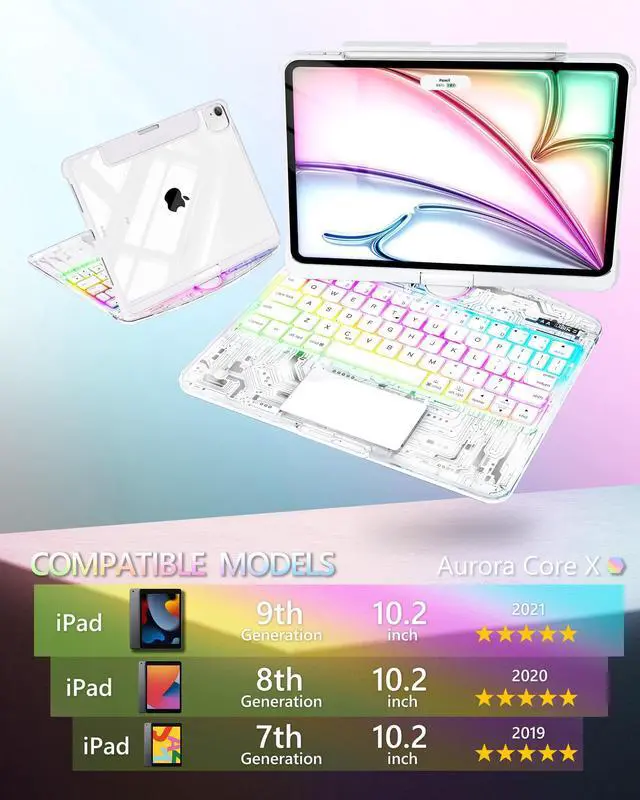 Alt view image 2 of 5 - Lecsas Keyboard Case for iPad 9th 10.2 inch, 360° Rotating Multi-Touch Trackpad, 7-Color Backlit Keyboard, Compatible with iPad 9th(10.2inch,2021) iPad Air,Arctic Core X