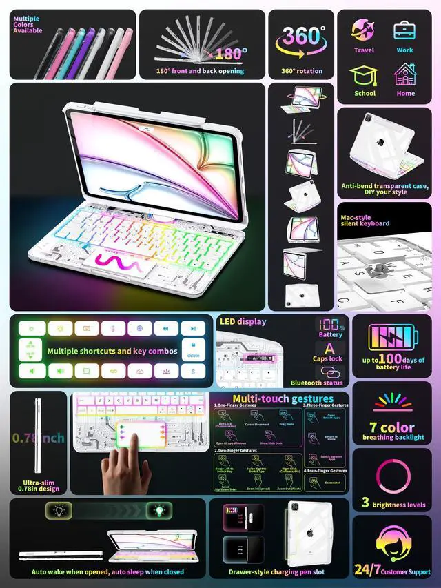 Alt view image 3 of 5 - Lecsas Keyboard Case for iPad 9th 10.2 inch, 360° Rotating Multi-Touch Trackpad, 7-Color Backlit Keyboard, Compatible with iPad 9th(10.2inch,2021) iPad Air,Arctic Core X