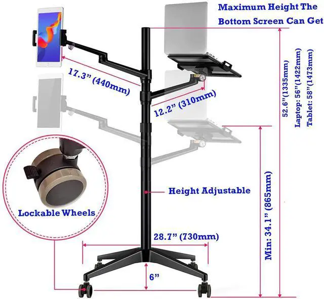 Alt view image 2 of 5 - MagicHold Triple arm Height Adjustable Stand Mount with Rolling Wheel for Laptop(11-17 inch) and Compatible with ipad iPad pro 12.9 inch/Tablet/Ereader (Black)