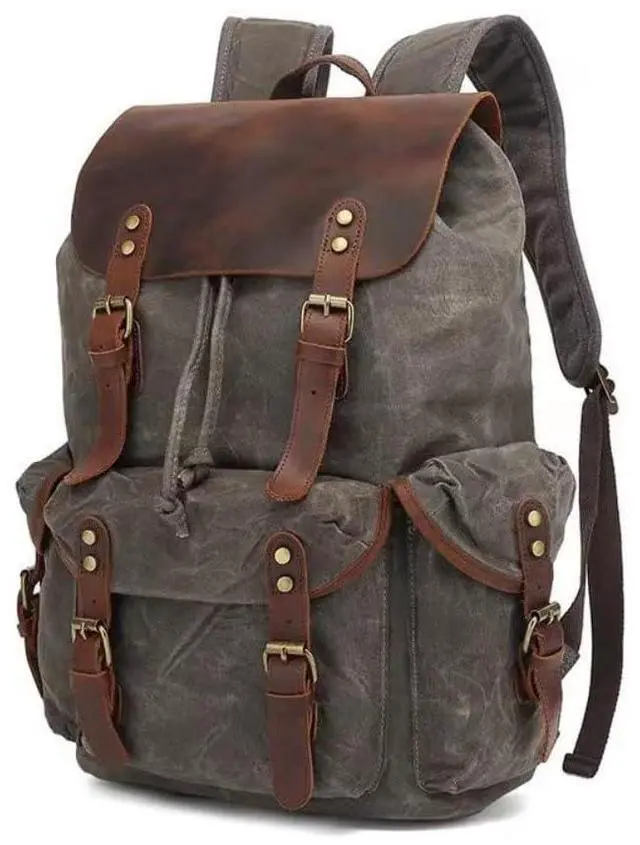 Main image of Genuine Leather Canvas waxed Backpack Travel Rucksack Laptop Bag