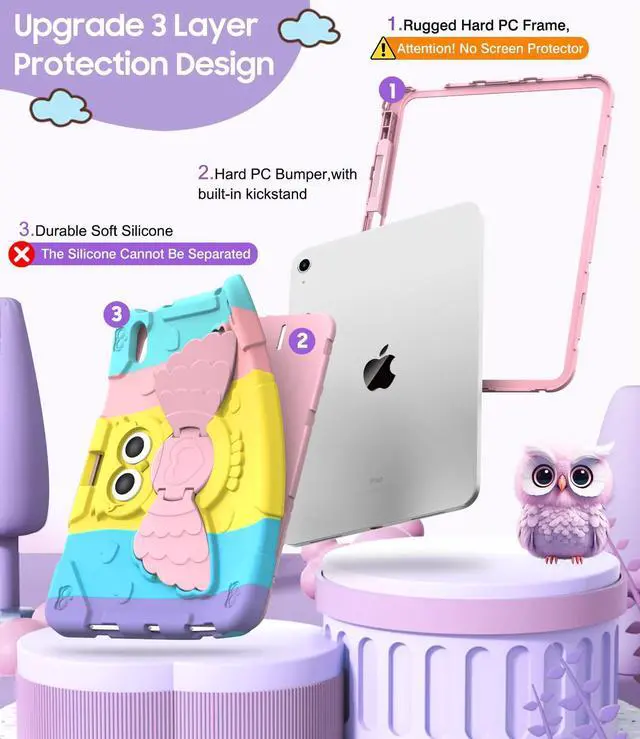 Alt view image 5 of 5 - MARIWIVI Kids Friendly Case for iPad (A16) 11th Generation 11 inch 2025/ iPad 10th Generation 10.9 inch 2022 with Pencil Holder/Rotating Stand for iPad 11th/10th Gen Kids Girl Boy(Colourful+LightPink)