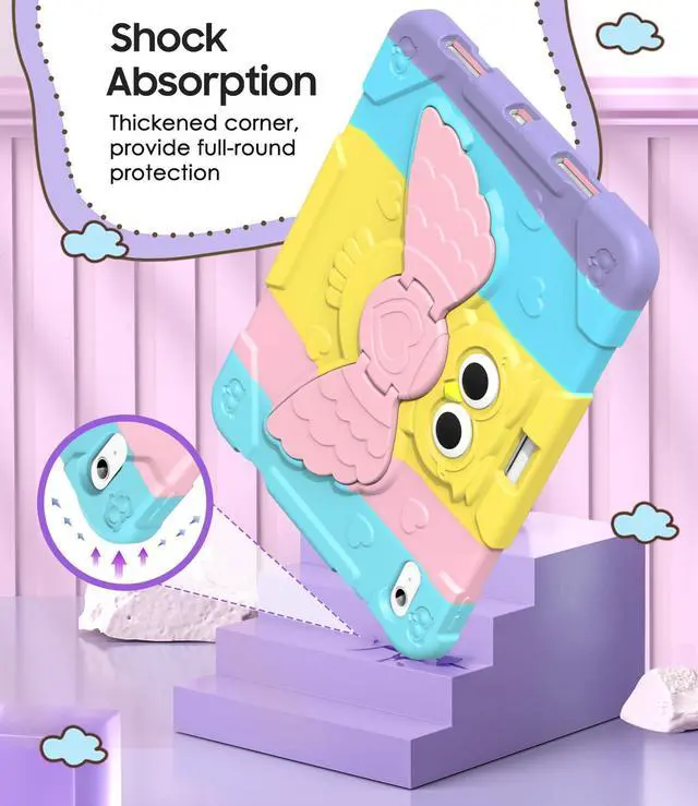 Alt view image 4 of 5 - MARIWIVI Kids Friendly Case for iPad (A16) 11th Generation 11 inch 2025/ iPad 10th Generation 10.9 inch 2022 with Pencil Holder/Rotating Stand for iPad 11th/10th Gen Kids Girl Boy(Colourful+LightPink)