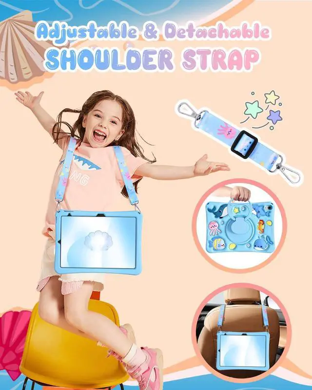 Alt view image 3 of 5 - LISEVO for iPad 10th Generation Case 10.9 Inch 2022, for iPad A16 Case 11th Generation - Girls Boys Cute Kawaii Girly Cover 3D Cartoon Ocean Design with Rotating Stand & Strap Silicone Blue Cases