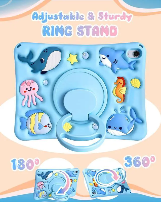 Alt view image 4 of 5 - LISEVO for iPad 10th Generation Case 10.9 Inch 2022, for iPad A16 Case 11th Generation - Girls Boys Cute Kawaii Girly Cover 3D Cartoon Ocean Design with Rotating Stand & Strap Silicone Blue Cases