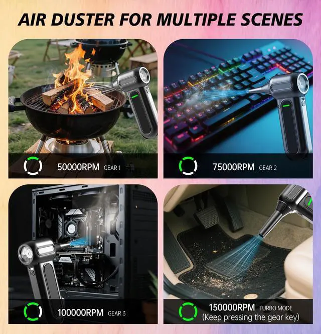 Alt view image 5 of 5 - Compressed Air Duster,150000RPM Mini Rechargeable Electric Air Blower with Brushless Motor and LED Light,4-Gear Adjustable,Replace Air Cans,Super Power Cordless Dust Cleaner for Keyboard, PC, Car