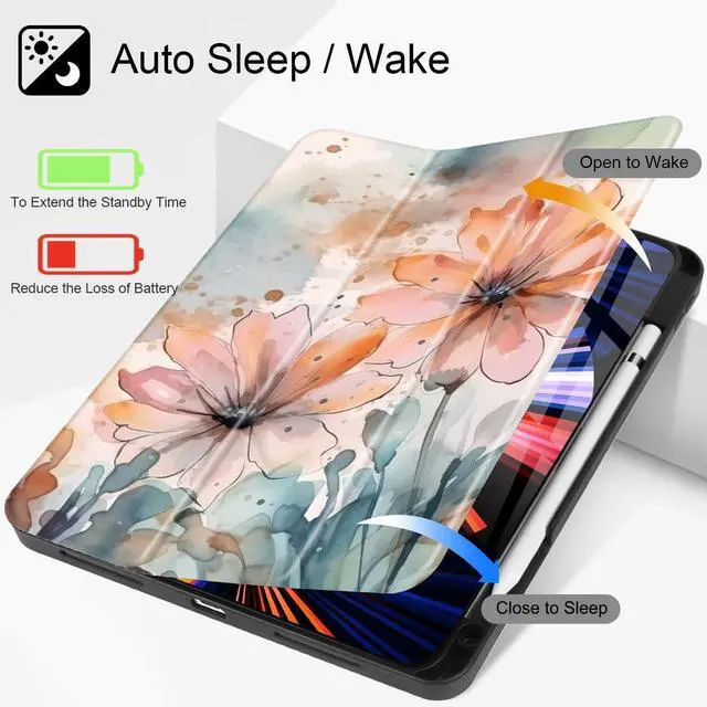 Alt view image 2 of 5 - May Chen Case for iPad Pro 11-inch 2024 5th Generation M4 Chip, [Built Pencil Holder 2/USB-C] Soft TPU Back Cover with Trifold Stand Support Auto Wake/Sleep, Flowers Paint