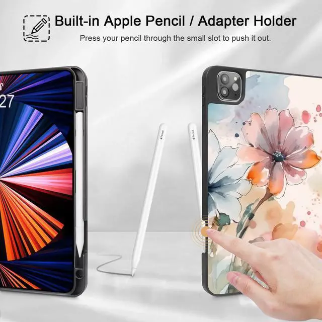 Alt view image 3 of 5 - May Chen Case for iPad Pro 11-inch 2024 5th Generation M4 Chip, [Built Pencil Holder 2/USB-C] Soft TPU Back Cover with Trifold Stand Support Auto Wake/Sleep, Flowers Paint