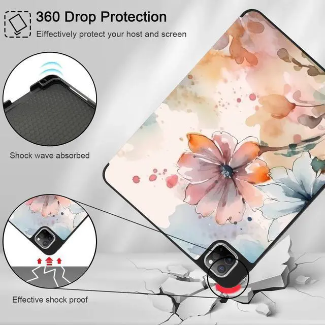 Alt view image 4 of 5 - May Chen Case for iPad Pro 11-inch 2024 5th Generation M4 Chip, [Built Pencil Holder 2/USB-C] Soft TPU Back Cover with Trifold Stand Support Auto Wake/Sleep, Flowers Paint