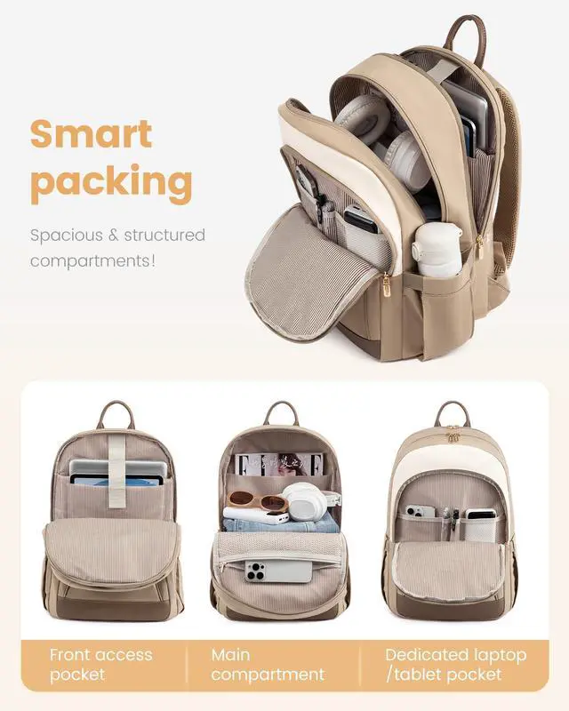 Alt view image 2 of 5 - LOVEVOOK Travel Laptop Backpack Women, 15.6 inch Anti Theft College Backpack Woman with Laptop Compartment, Large Water Resistant Black Computer Daypack for Work Casual Travel Essentials, Beige Khaki