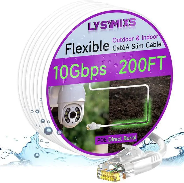 Main image of Lysymixs Cat6a Slim Ethernet Patch Cable 200ft Outdoor & Indoor, Flexible 10G Cat6 Internet Network Cable Waterproof Direct Burial LLDPE UV Jacket, Pure Copper Cat 6 Ethernet Cable for POE, White