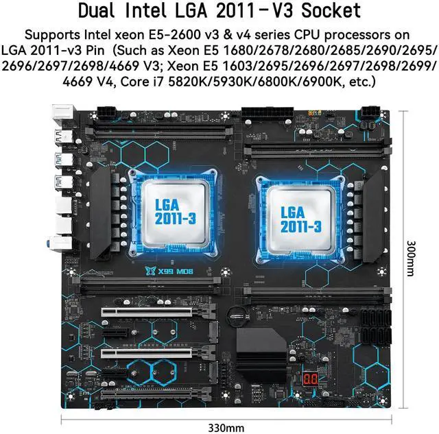 Alt view image 2 of 5 - MACHINIST X99 Dual CPU Motherboard LGA 2011-V3, for Intel Xeon E5 v3 v4 CPU Processor, DDR4 Max Support 256GB, Gigabit LAN, PCIe 3.0, NGFF/NVME M.2, SATA 3.0, USB 3.0, E-ATX Server PC Mainboard