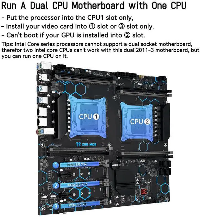 Alt view image 3 of 5 - MACHINIST X99 Dual CPU Motherboard LGA 2011-V3, for Intel Xeon E5 v3 v4 CPU Processor, DDR4 Max Support 256GB, Gigabit LAN, PCIe 3.0, NGFF/NVME M.2, SATA 3.0, USB 3.0, E-ATX Server PC Mainboard
