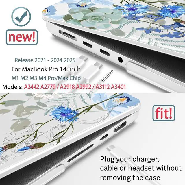Alt view image 3 of 5 - May Chen Case for M4 MacBook Pro 14 inch Case A3112 A3401 Max A3185, M3 A2918 A2992, M2 A2779 M1 A2442, 2024 2023 2022 2021 Release, Plastic Hard Shell with Keyboard Cover, Blue Flowers
