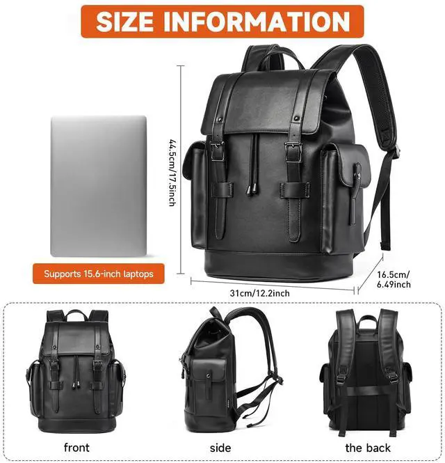 Alt view image 2 of 5 - MATE ELAN Leather Backpack Waterproof Fit 15.6 Inch Laptop Vintage Drawstring Design Large Capacity Travel Sports Outdoor Casual Black Men Women College Backpack