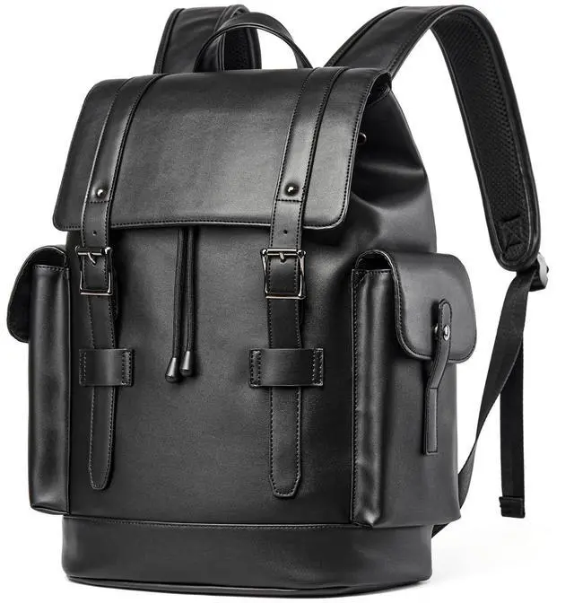 Main image of MATE ELAN Leather Backpack Waterproof Fit 15.6 Inch Laptop Vintage Drawstring Design Large Capacity Travel Sports Outdoor Casual Black Men Women College Backpack