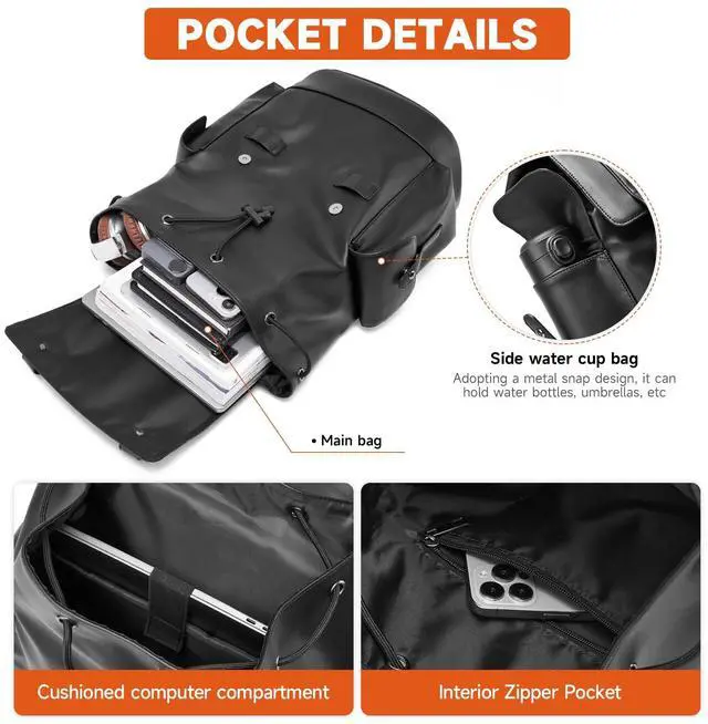 Alt view image 4 of 5 - MATE ELAN Leather Backpack Waterproof Fit 15.6 Inch Laptop Vintage Drawstring Design Large Capacity Travel Sports Outdoor Casual Black Men Women College Backpack