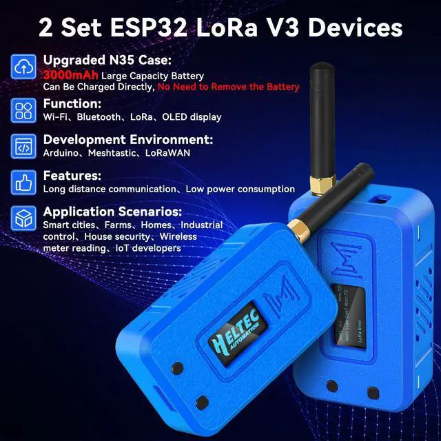 Alt view image 2 of 5 - 2 Set ESP32 LoRa V3 Module Board with 915 MHz Antenna + 3000mAh Battery + Protect Case - Integrated WiFi Bluetooth SX1262 CP2102 0.96 OLED Display Type C for Arduino Lora Meshtastic IOT (N35, Blue)