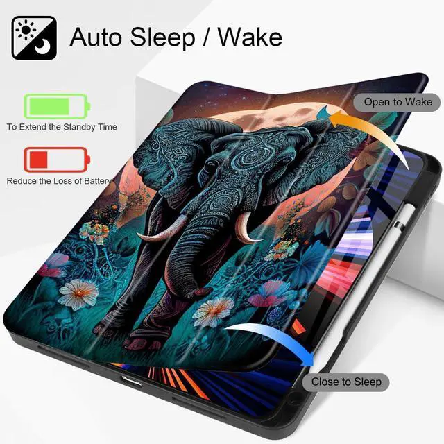 Alt view image 2 of 5 - May Chen Case for iPad Pro 11-inch 2024 5th Generation M4 Chip, [Built Pencil Holder 2/USB-C] Soft TPU Back Cover with Trifold Stand Support Auto Wake/Sleep, Elephant