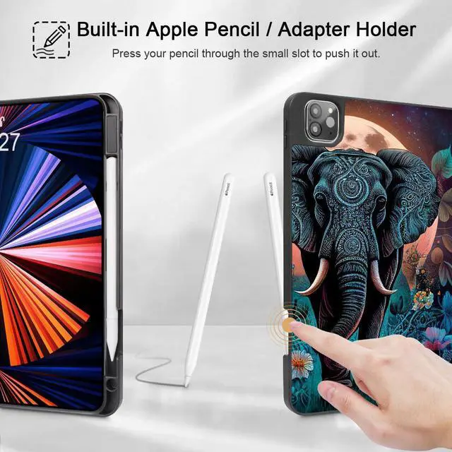 Alt view image 3 of 5 - May Chen Case for iPad Pro 11-inch 2024 5th Generation M4 Chip, [Built Pencil Holder 2/USB-C] Soft TPU Back Cover with Trifold Stand Support Auto Wake/Sleep, Elephant